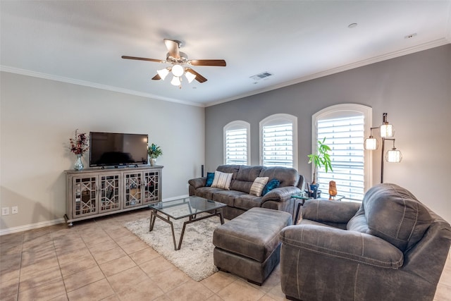 575 S Virginia Hills Dr Unit 1502, Mckinney, TX 75072 - living area with ceiling fan, light tile patterned flooring, baseboards, and ornamental molding