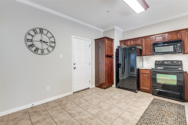 575 S Virginia Hills Dr Unit 1502, Mckinney, TX 75072 - kitchen with black appliances, light tile patterned floors, tasteful backsplash, ornamental molding, and baseboards