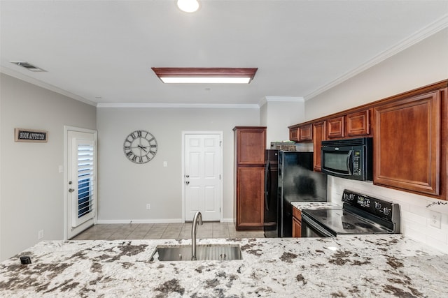 575 S Virginia Hills Dr Unit 1502, Mckinney, TX 75072 - kitchen featuring black appliances, a sink, crown molding, light stone countertops, and light tile patterned floors