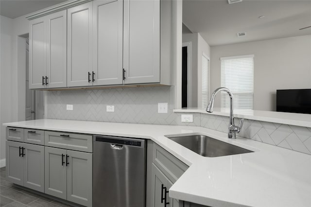 kitchen with stainless steel dishwasher, a sink, decorative backsplash, and light countertops