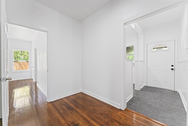 foyer entrance featuring dark wood finished floors, baseboards, and a healthy amount of sunlight