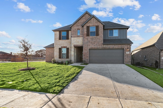 traditional-style home featuring central AC unit, driveway, brick siding, a front yard, and a garage