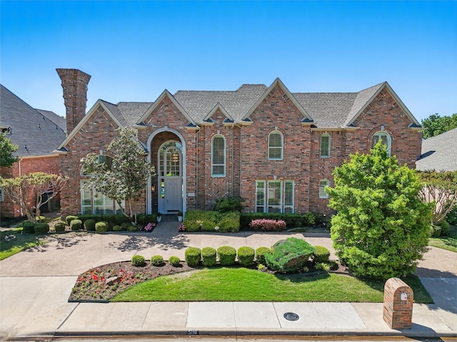 view of front of property featuring a shingled roof and brick siding