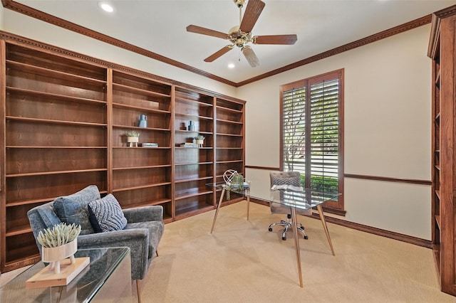 carpeted office space with ceiling fan, baseboards, crown molding, and recessed lighting