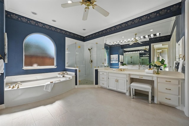 full bathroom featuring a garden tub, a stall shower, vanity, ceiling fan, and tile patterned flooring