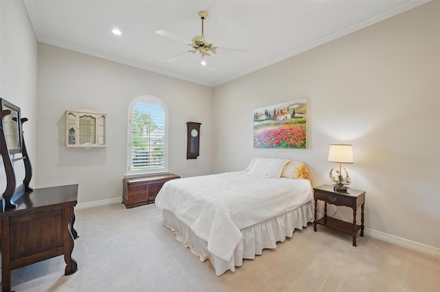 bedroom with recessed lighting, ornamental molding, baseboards, and light carpet