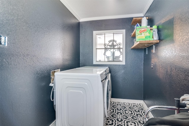 14357 Fm 1392, Terrell, TX 75160 - clothes washing area with baseboards, separate washer and dryer, crown molding, a textured wall, and laundry area