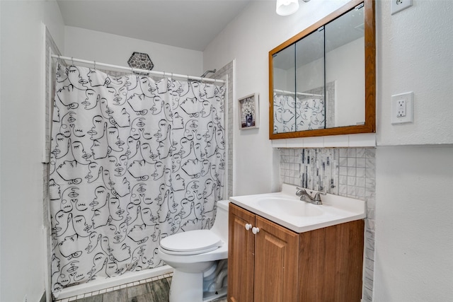 14357 Fm 1392, Terrell, TX 75160 - full bathroom featuring vanity, decorative backsplash, and a shower with curtain