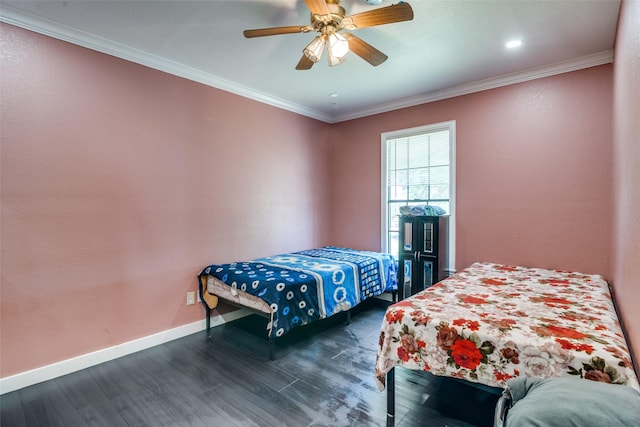 14357 Fm 1392, Terrell, TX 75160 - bedroom featuring baseboards, crown molding, dark wood-style floors, and ceiling fan