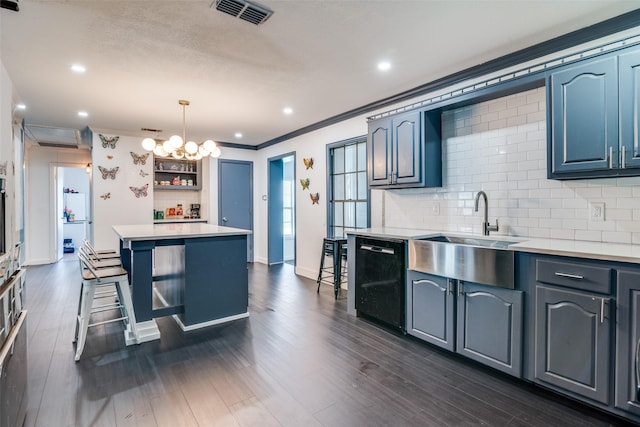14357 Fm 1392, Terrell, TX 75160 - kitchen with light countertops, visible vents, ornamental molding, black dishwasher, and tasteful backsplash