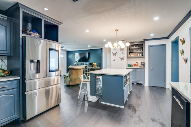 14357 Fm 1392, Terrell, TX 75160 - kitchen featuring blue cabinetry, stainless steel fridge with ice dispenser, open shelves, light countertops, and a kitchen island