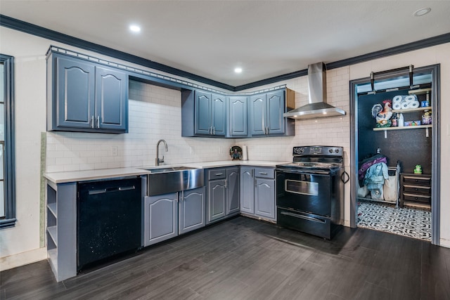 14357 Fm 1392, Terrell, TX 75160 - kitchen featuring light countertops, wall chimney exhaust hood, a sink, and black appliances