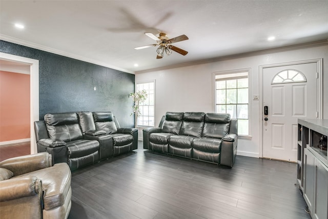 14357 Fm 1392, Terrell, TX 75160 - living room with dark wood-type flooring, a healthy amount of sunlight, a ceiling fan, and ornamental molding