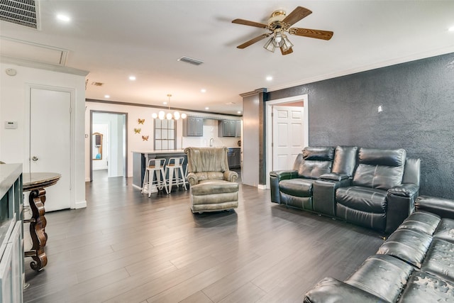 14357 Fm 1392, Terrell, TX 75160 - living room featuring recessed lighting, visible vents, a ceiling fan, and ornamental molding