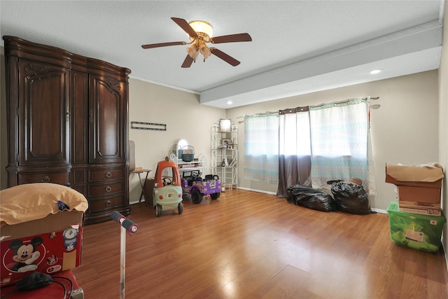 miscellaneous room with recessed lighting, light wood-type flooring, baseboards, and ceiling fan
