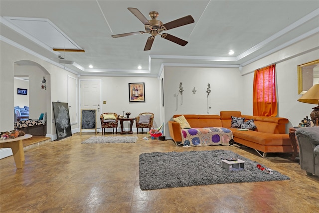 living room featuring attic access, ceiling fan, ornamental molding, and recessed lighting