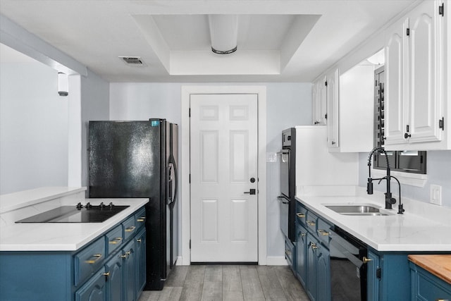 kitchen with a raised ceiling, blue cabinets, a sink, black appliances, and light wood-style flooring
