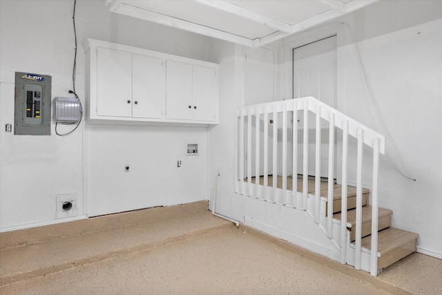 laundry room with electric panel, hookup for a washing machine, and electric dryer hookup
