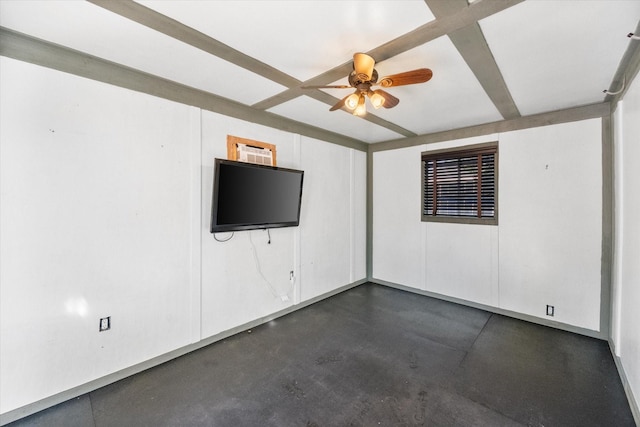 interior space featuring a ceiling fan and concrete floors