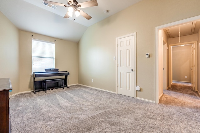 10625 Sexton Dr, Mckinney, TX 75072 - interior space featuring attic access, vaulted ceiling, and ceiling fan