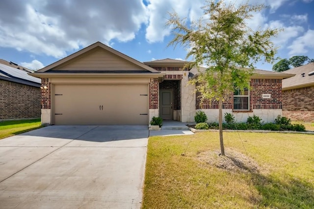 2235 Vance Dr, Forney, TX 75126 - ranch-style home with an attached garage, a front lawn, brick siding, and concrete driveway