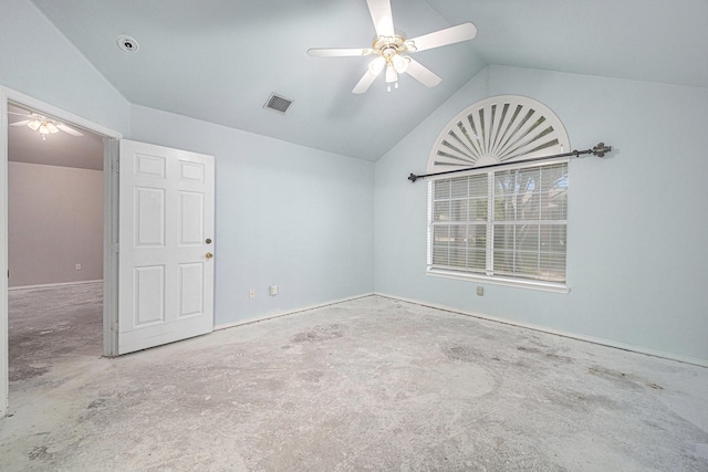6132 Haley Ln, Fort Worth, TX 76132 - unfurnished room featuring unfinished concrete flooring, lofted ceiling, a ceiling fan, and visible vents