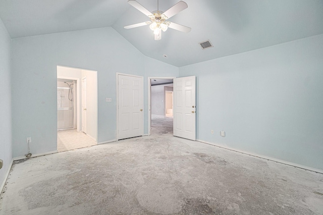 6132 Haley Ln, Fort Worth, TX 76132 - unfurnished bedroom with high vaulted ceiling, a ceiling fan, connected bathroom, baseboards, and visible vents