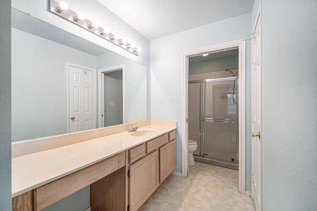 6132 Haley Ln, Fort Worth, TX 76132 - full bathroom featuring tile patterned floors, toilet, baseboards, a shower stall, and vanity