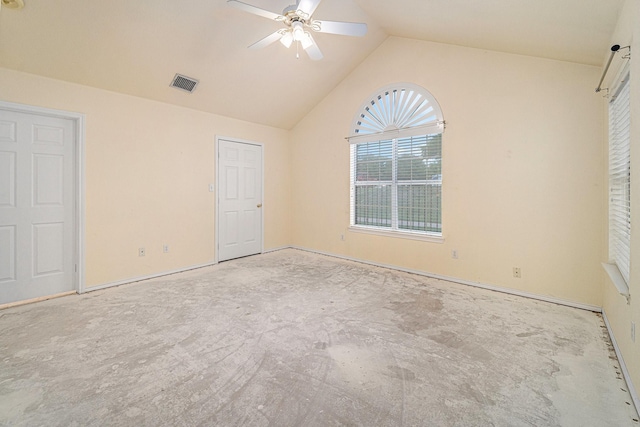 6132 Haley Ln, Fort Worth, TX 76132 - unfurnished bedroom featuring baseboards, visible vents, high vaulted ceiling, and ceiling fan