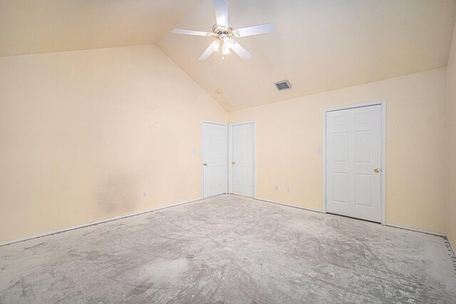 6132 Haley Ln, Fort Worth, TX 76132 - unfurnished bedroom featuring ceiling fan, visible vents, high vaulted ceiling, and carpet flooring