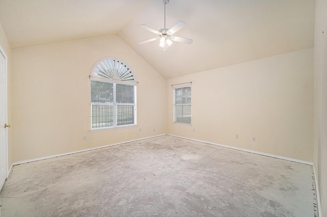 6132 Haley Ln, Fort Worth, TX 76132 - empty room featuring ceiling fan, vaulted ceiling, and baseboards