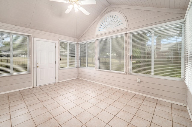 6132 Haley Ln, Fort Worth, TX 76132 - unfurnished sunroom featuring wooden walls, lofted ceiling, tile patterned flooring, and ceiling fan