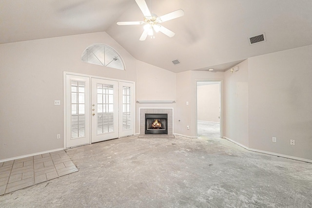 6132 Haley Ln, Fort Worth, TX 76132 - unfurnished living room featuring high vaulted ceiling, a ceiling fan, a tile fireplace, baseboards, and visible vents