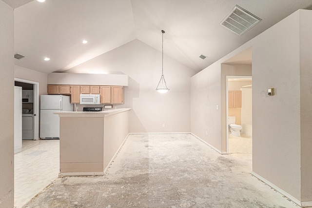 6132 Haley Ln, Fort Worth, TX 76132 - kitchen with a peninsula, vaulted ceiling, visible vents, and white appliances