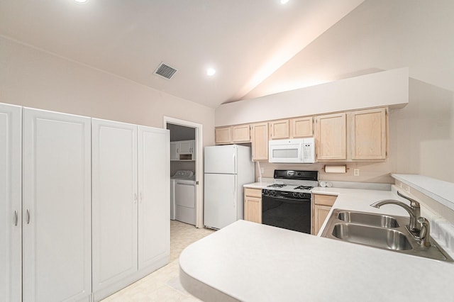 6132 Haley Ln, Fort Worth, TX 76132 - kitchen featuring light brown cabinets, vaulted ceiling, a sink, white appliances, and visible vents