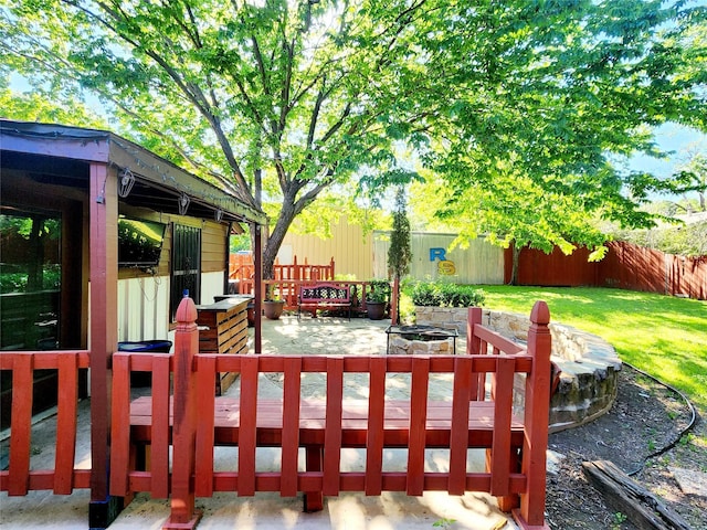 exterior space featuring a fenced backyard, an outdoor fire pit, and a lawn