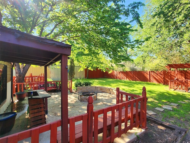 exterior space featuring a fenced backyard and a fire pit