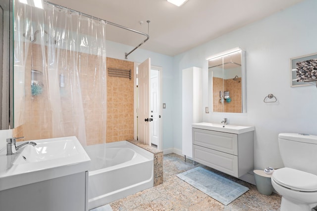 bathroom featuring baseboards, vanity, shower / bathtub combination with curtain, and toilet