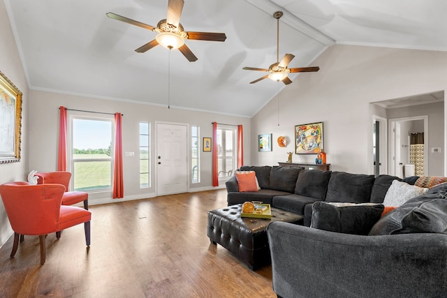 living room featuring wood finished floors, a ceiling fan, beam ceiling, baseboards, and high vaulted ceiling
