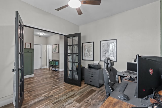 9112 Manassas Rdg, Mckinney, TX 75071 - home office with a ceiling fan, wood finished floors, baseboards, and french doors