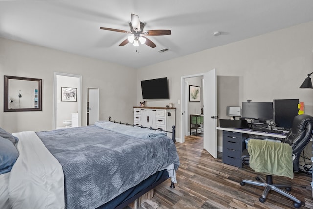 9112 Manassas Rdg, Mckinney, TX 75071 - bedroom featuring dark wood finished floors, a desk, connected bathroom, and a ceiling fan