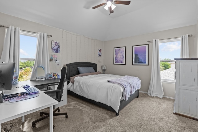 9112 Manassas Rdg, Mckinney, TX 75071 - bedroom with multiple windows, a desk, carpet, vaulted ceiling, and ceiling fan
