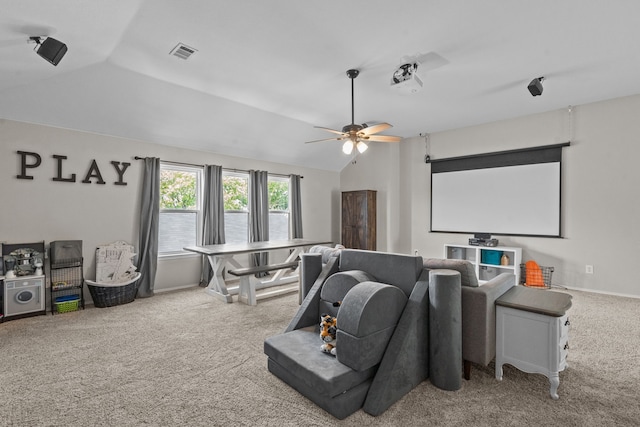 9112 Manassas Rdg, Mckinney, TX 75071 - carpeted cinema featuring lofted ceiling, a ceiling fan, and baseboards