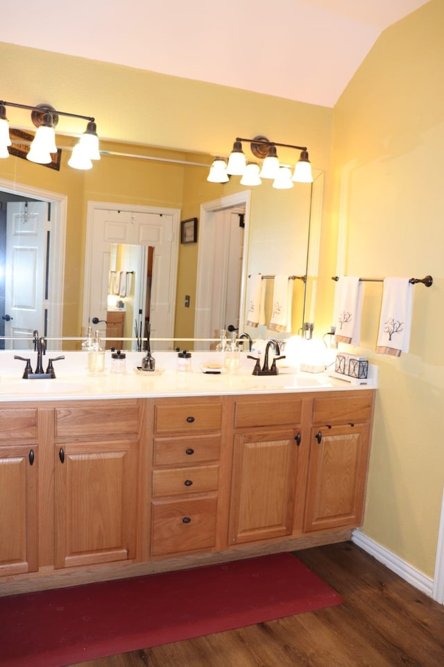 103 Sunglow Loop, Red Oak, TX 75154 - full bathroom with double vanity, wood finished floors, lofted ceiling, and a sink