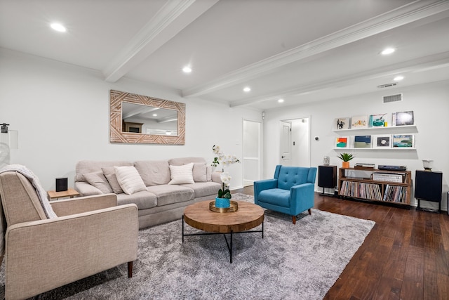 living area featuring beam ceiling, dark wood-type flooring, visible vents, and recessed lighting