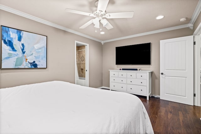 bedroom featuring a ceiling fan, recessed lighting, dark wood-type flooring, and ornamental molding