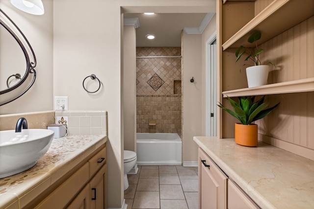 full bath with tile patterned floors, vanity, toilet, shower / bathtub combination, and recessed lighting