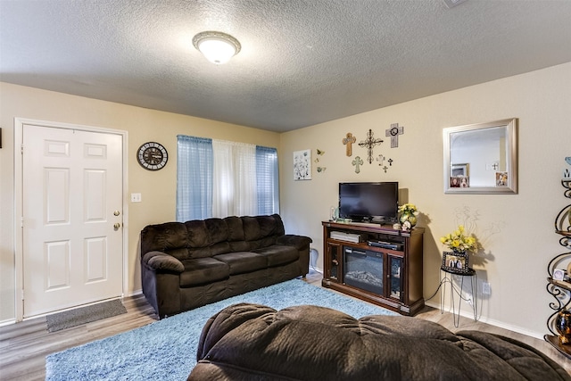 2545 E Renfro St, Burleson, TX 76028 - living room featuring baseboards, wood finished floors, and a textured ceiling