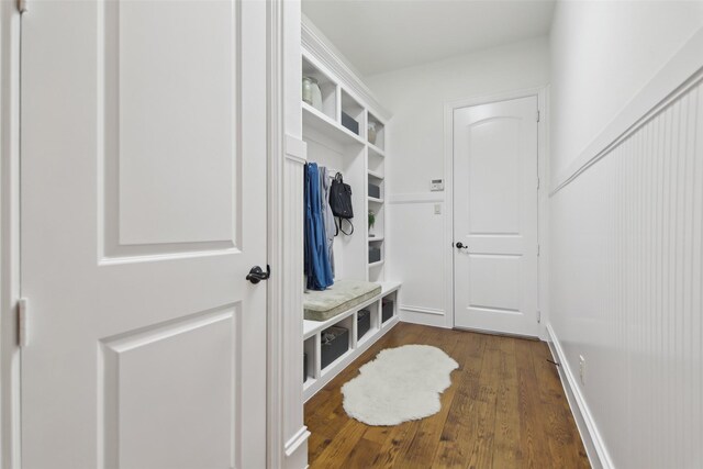 mudroom featuring dark wood-type flooring
