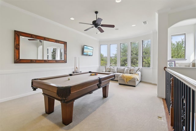 playroom featuring crown molding, ceiling fan, visible vents, light carpet, and pool table
